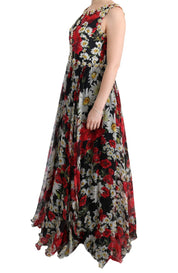 Multicolor Silk Floral Crystal Long Maxi Dress