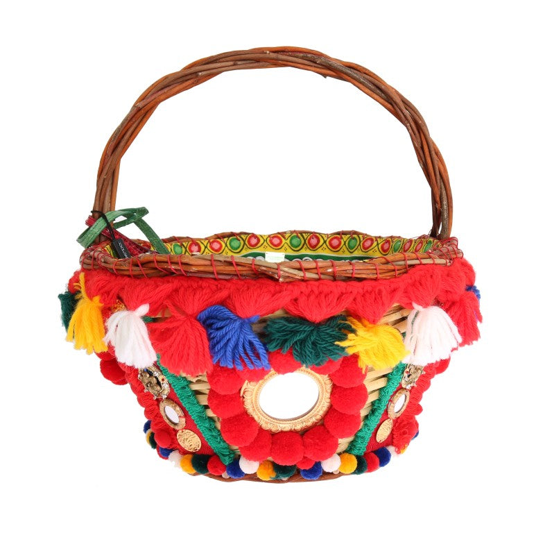 Flerfärgad AGNESE-väska i halm med kristall- och pompom-detaljer