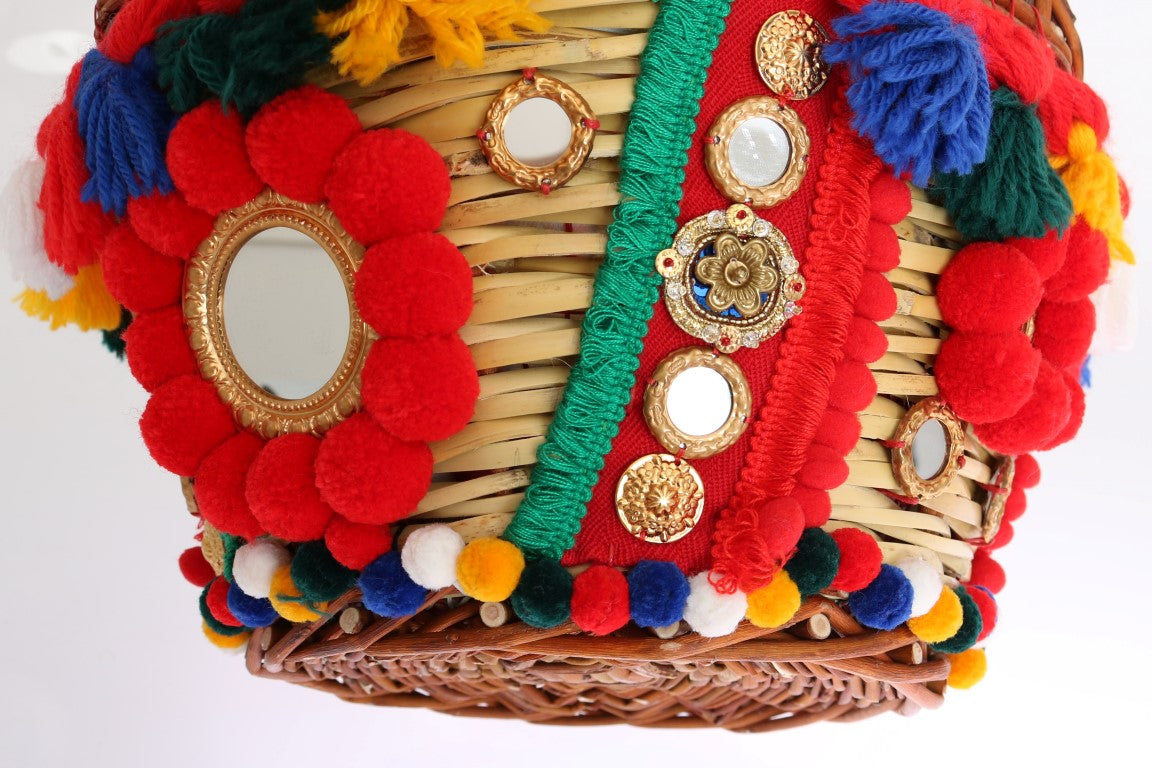 Flerfärgad AGNESE-väska i halm med kristall- och pompom-detaljer