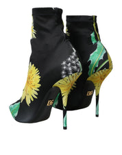 Black Floral Jersey Stretch Ankle Boots Shoes