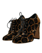 Brown Leopard Hair Lace Up Booties Shoes