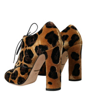 Brown Leopard Hair Lace Up Booties Shoes