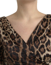 Brown Leopard Print Bodycon V-neck Midi Dress