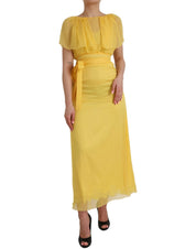 Yellow Silk Sheath Belted Long Maxi Dress