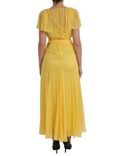 Yellow Silk Sheath Belted Long Maxi Dress