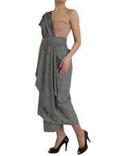 Gray Beige Layered One Shoulder Maxi Dress
