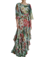 Blue Floral Print Tiered Long Maxi Dress