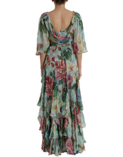 Blue Floral Print Tiered Long Maxi Dress