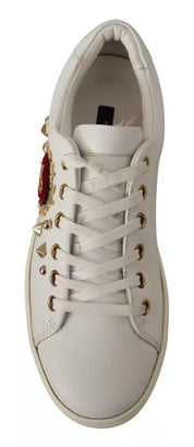Dolce & Gabbana White Leather Gold Red Heart Sneakers