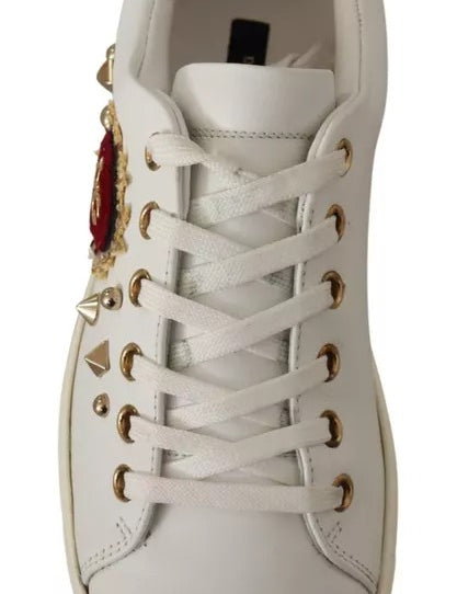 Dolce & Gabbana White Leather Gold Red Heart Sneakers