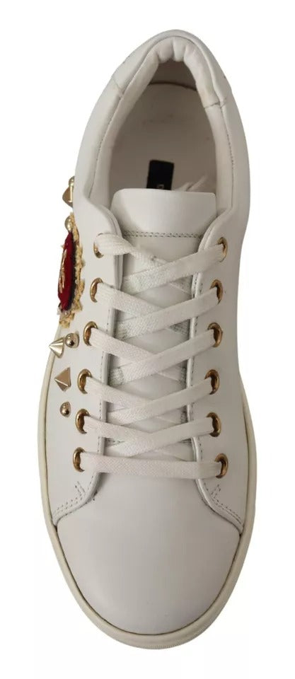Dolce & Gabbana White Leather Gold Studded Red Heart Sneakers