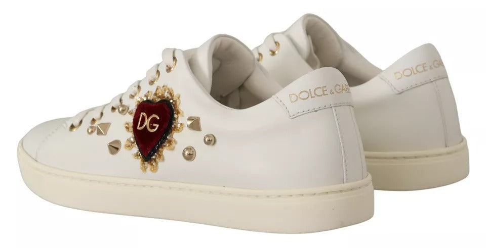 Dolce & Gabbana White Leather Gold Studded Red Heart Sneakers