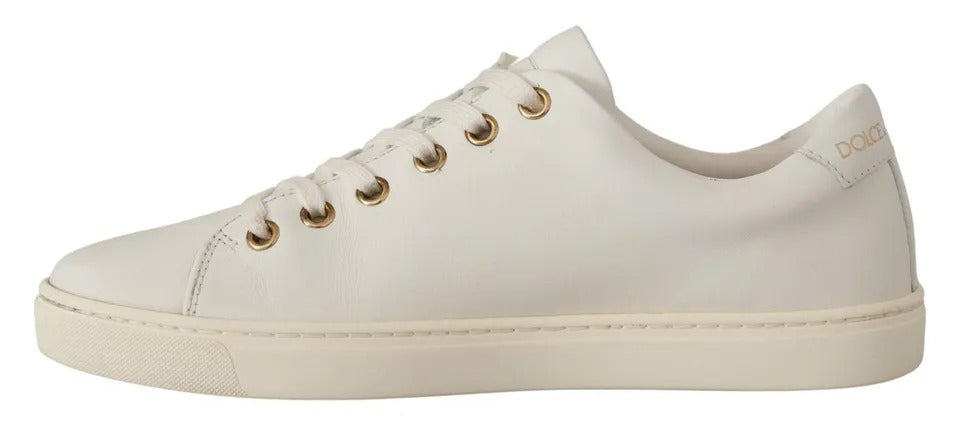 Dolce & Gabbana White Leather Gold Studded Red Heart Sneakers