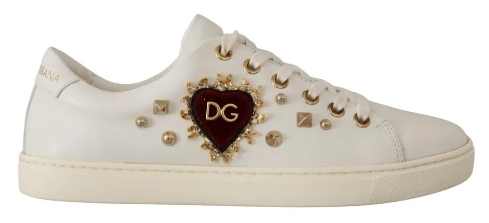 Dolce & Gabbana White Leather Gold Studded Red Heart Sneakers