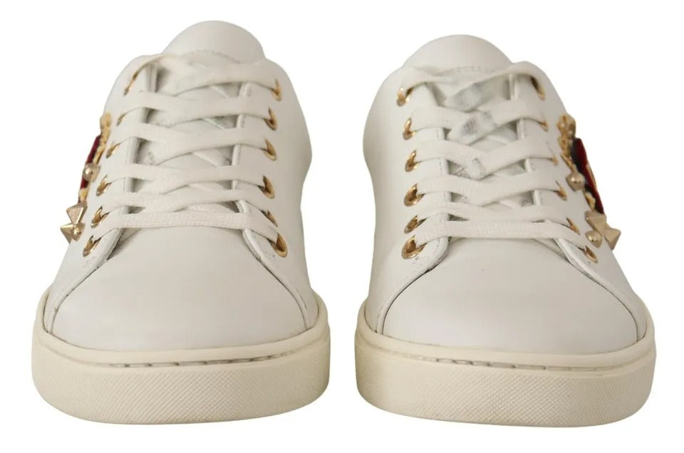 Dolce & Gabbana White Leather Gold Studded Red Heart Sneakers