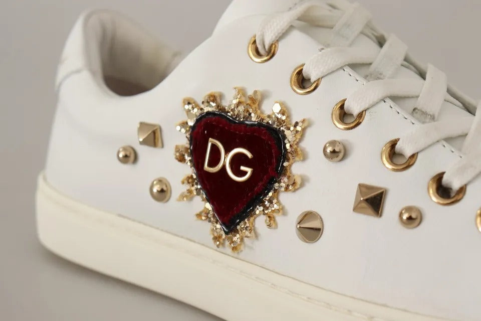 Dolce & Gabbana White Leather Gold Studded Red Heart Sneakers