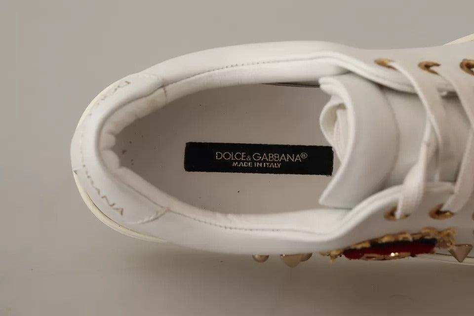 Dolce & Gabbana White Leather Gold Studded Red Heart Sneakers