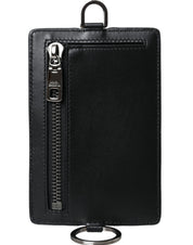 Black Calf Leather Lanyard Logo Card Holder Men Wallet