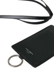 Black Calf Leather Lanyard Logo Card Holder Men Wallet