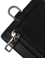 Black Calf Leather Lanyard Logo Card Holder Men Wallet