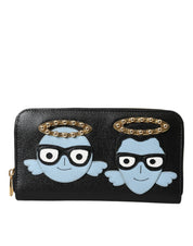 Black Blue Leather #DGFAMILY Zipper Continental Men Wallet
