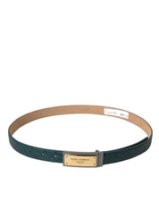Green Leather Gold Logo Engraved Buckle Belt