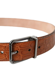 Brown Exotic Leather Silver Metal Buckle Belt