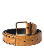 Beige Alligator Leather Studded Metal Buckle Belt