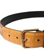 Beige Alligator Leather Studded Metal Buckle Belt