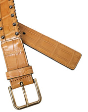 Beige Alligator Leather Studded Metal Buckle Belt