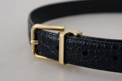 Black Exotic Leather Gold Metal Buckle Belt