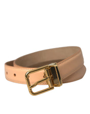 Beige Calfskin Leather Gold Metal Buckle Belt