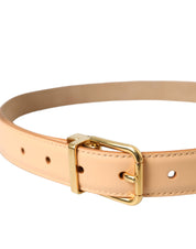 Beige Calfskin Leather Gold Metal Buckle Belt