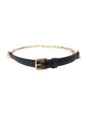 Black Leather Gold Chain Crystal Waist Women Belt