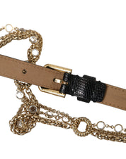 Black Leather Gold Chain Crystal Waist Women Belt