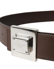 Brown Calf Leather Square Metal Buckle Belt