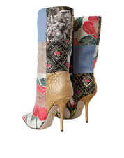Multicolor Patchwork Print Heeled Boots Shoes