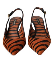 Dolce & Gabbana Black Orange Zebra Pony Hair Leather Slingback Heels
