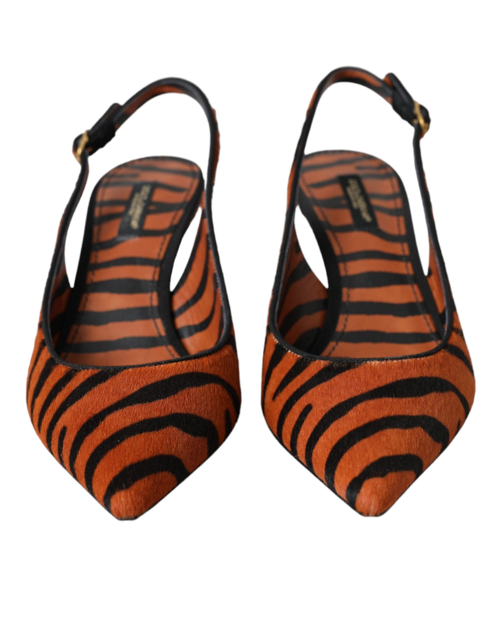 Dolce & Gabbana Black Orange Zebra Pony Hair Leather Slingback Heels