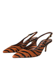 Dolce & Gabbana Black Orange Zebra Pony Hair Leather Slingback Heels