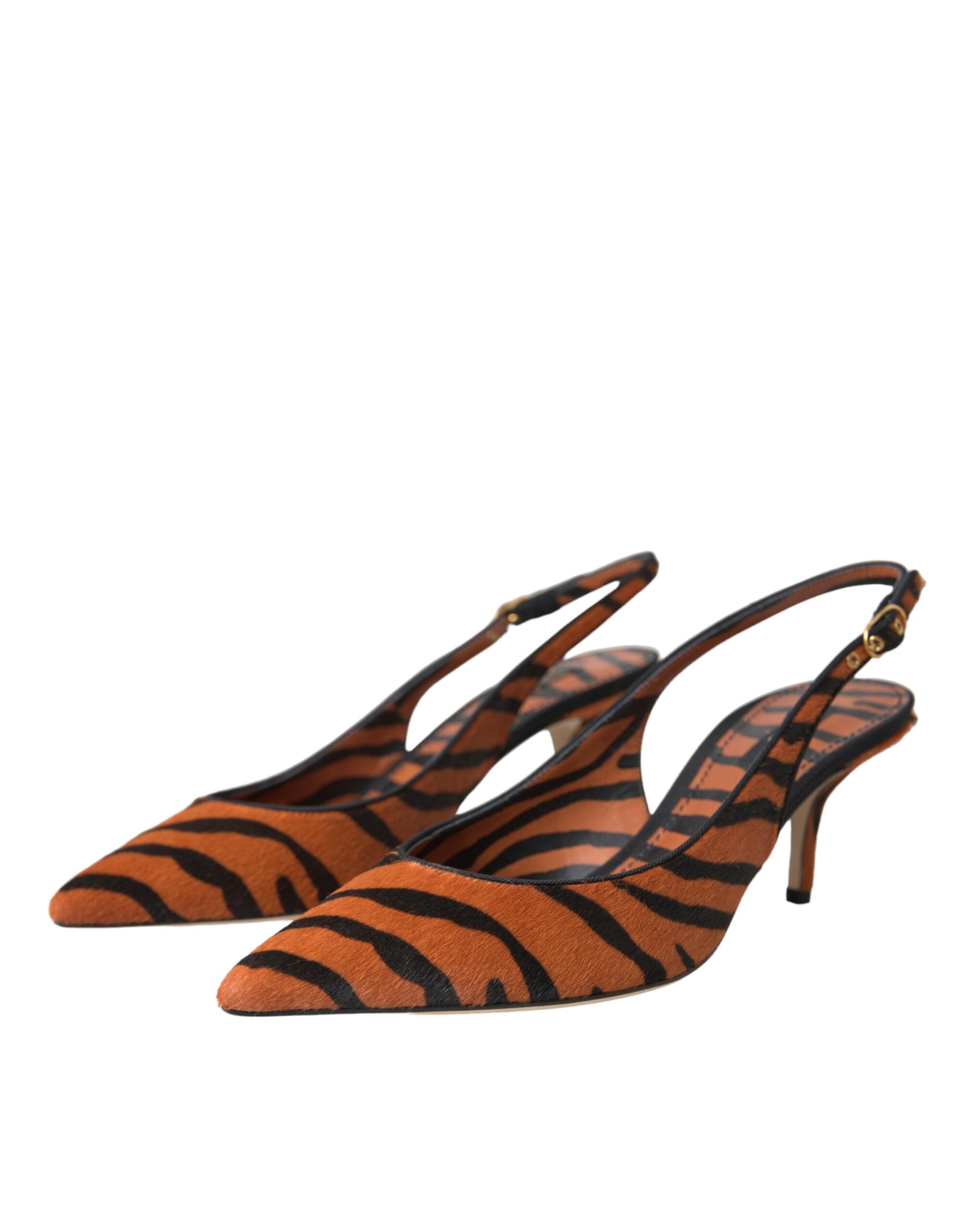 Dolce & Gabbana Black Orange Zebra Pony Hair Leather Slingback Heels