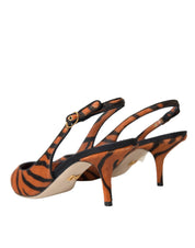 Dolce & Gabbana Black Orange Zebra Pony Hair Leather Slingback Heels