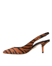 Dolce & Gabbana Black Orange Zebra Pony Hair Leather Slingback Heels