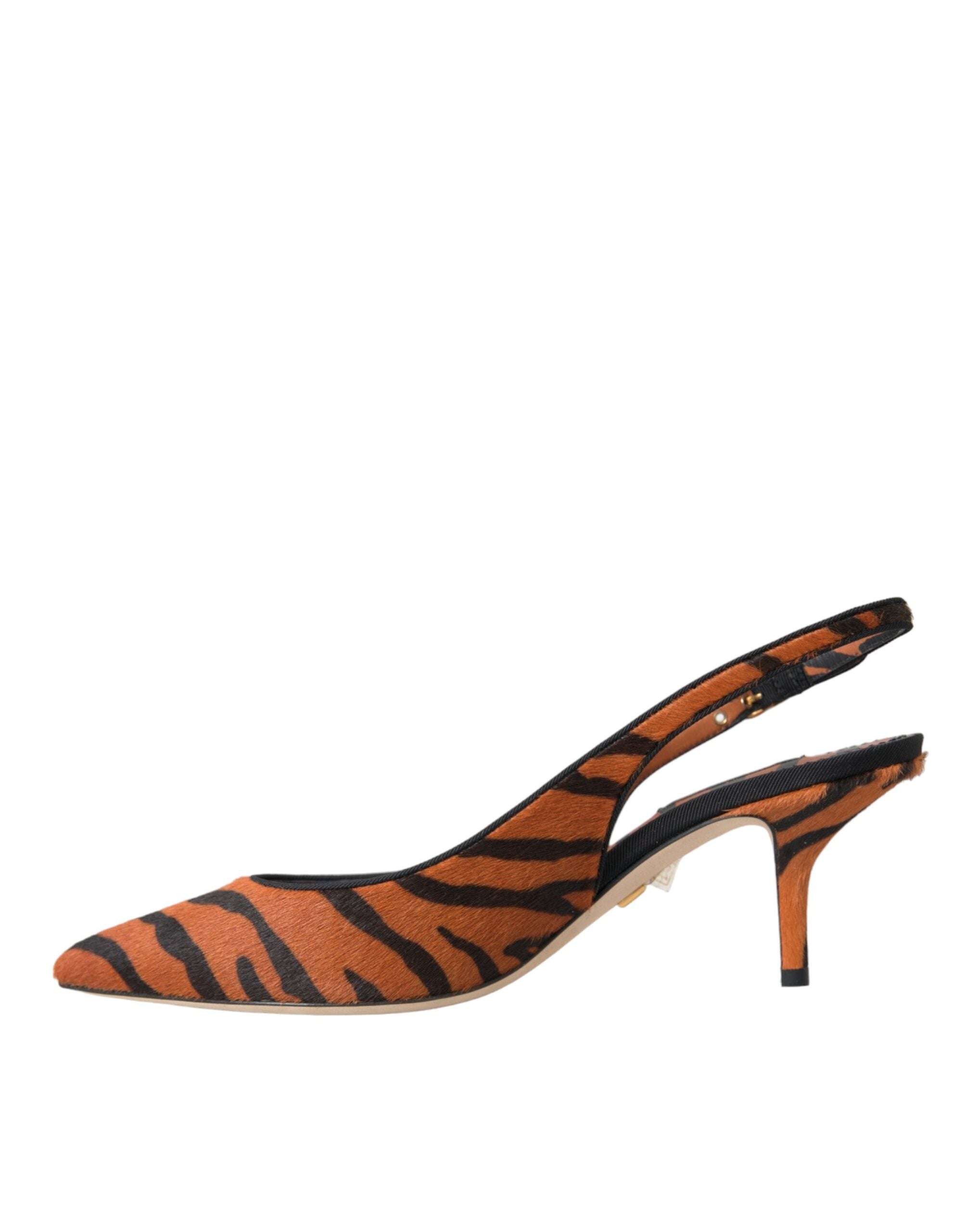 Dolce & Gabbana Black Orange Zebra Pony Hair Leather Slingback Heels
