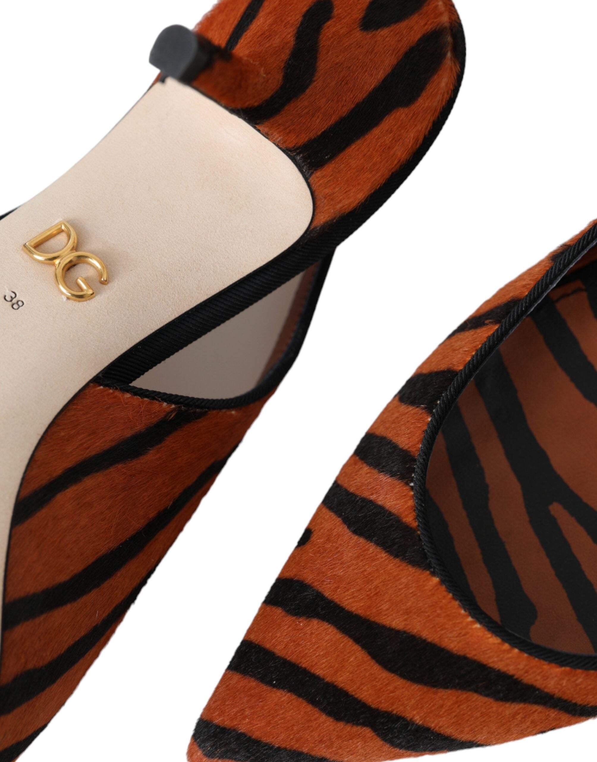 Dolce & Gabbana Black Orange Zebra Pony Hair Leather Slingback Heels
