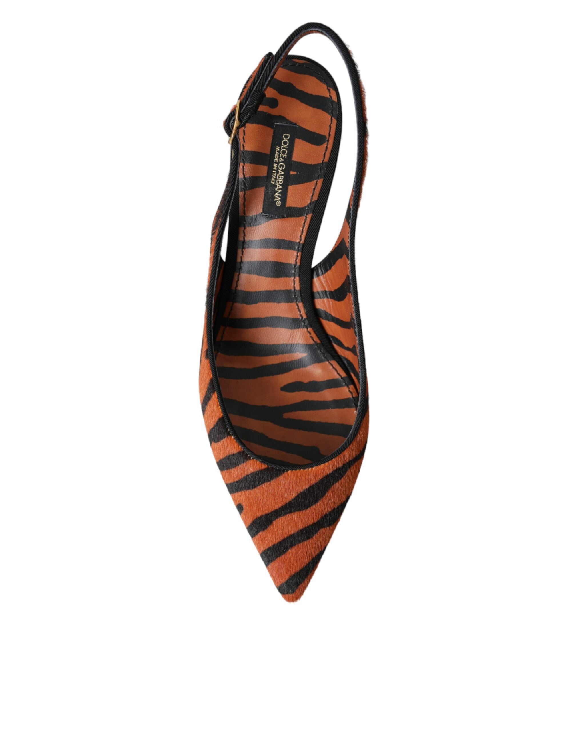 Dolce & Gabbana Black Orange Zebra Pony Hair Leather Slingback Heels