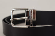 Black Calf Leather Logo Engraved Metal Buckle Belt