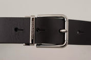 Black Calf Leather Logo Engraved Metal Buckle Belt