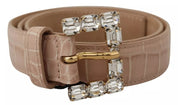 Beige Leather Crystal Buckle Women Belt