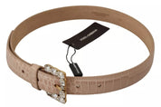 Beige Leather Crystal Buckle Women Belt